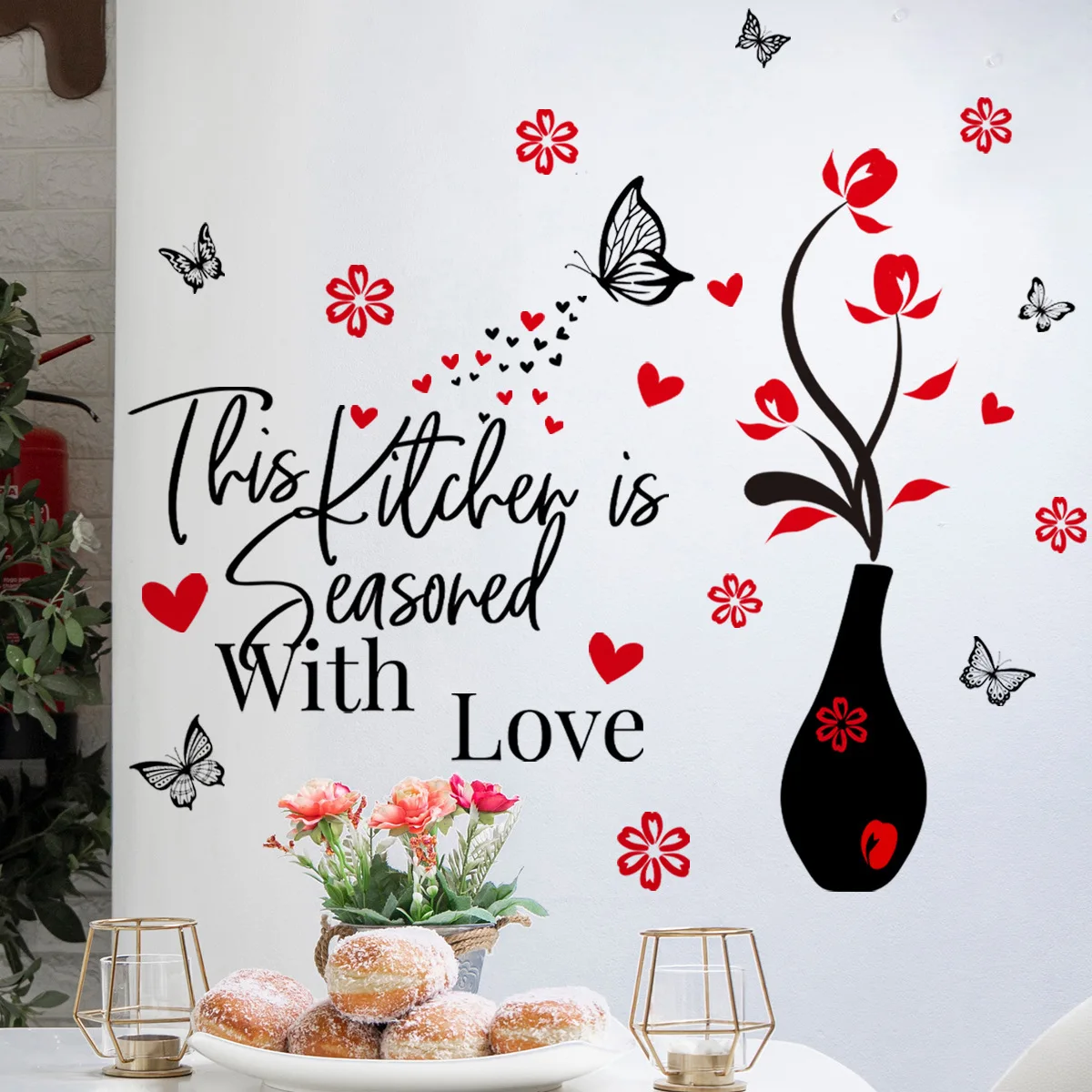 30*90cm English Kitchen Vase Butterfly Flower Wall Stickers Kitchen Living Room Study  Decoration Mural Wall Stickers Ms8356 happy retro sun pattern yellow orange red palette apron aprons kitchen christmas decoration halloween costume for women