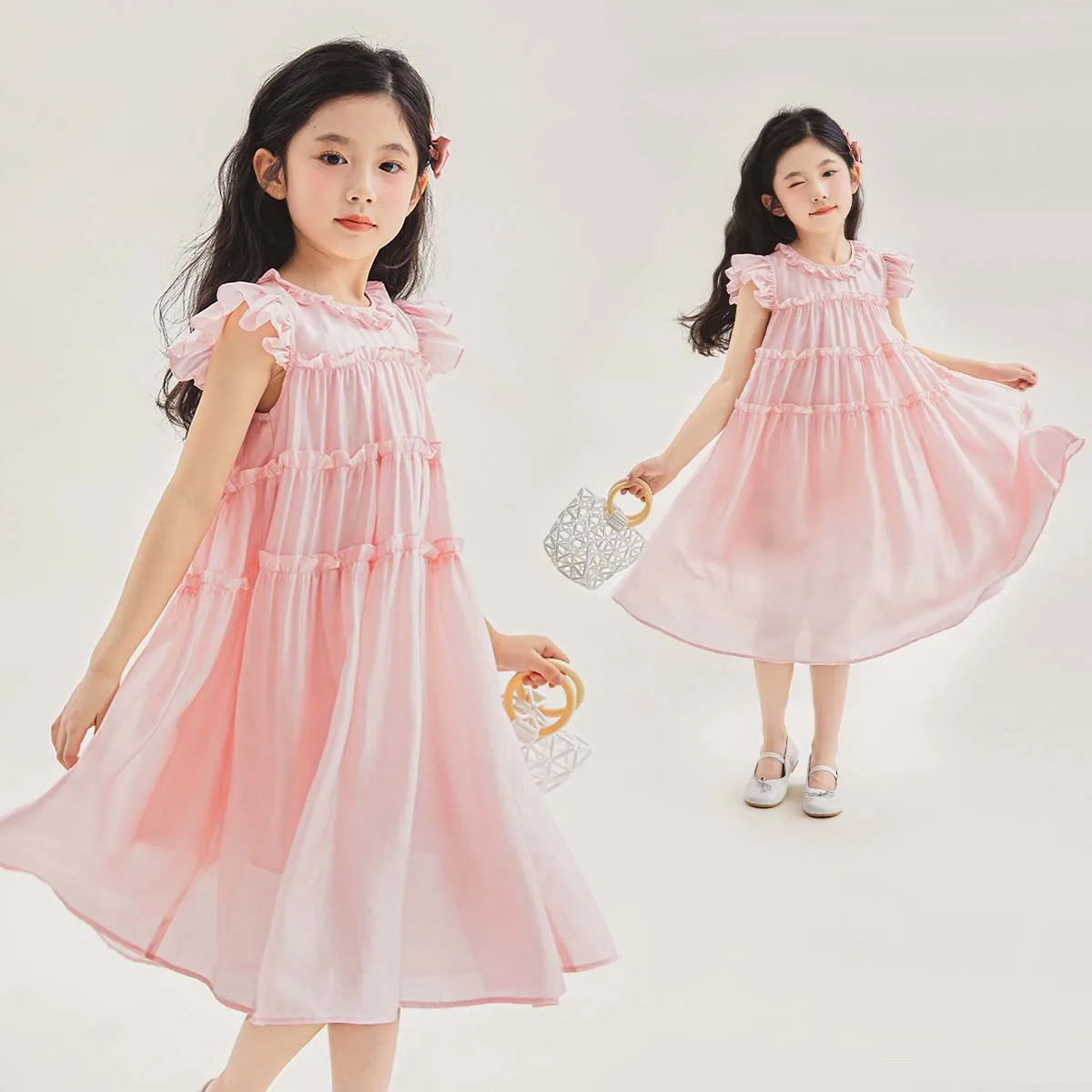 

2024 Korean Summer School Girl Dress Teenager Girl Flying Sleeve Folds One-piece Dress Children Girl Pink Sweet Princess Dress