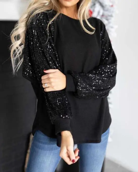 

Fashion top Women Blouse 2023 Autumn New Casual Daily Sequin Patchwork Women's Round Neck Loose Raglan Sleeve Versatile Top