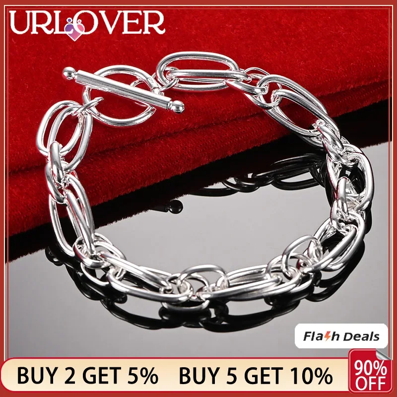 

URLOVER 925 Stamp Silver Color Oval Chain Men Bracelets For Woman Wedding Engagement Birthday Christmas Party Fashion Jewelry