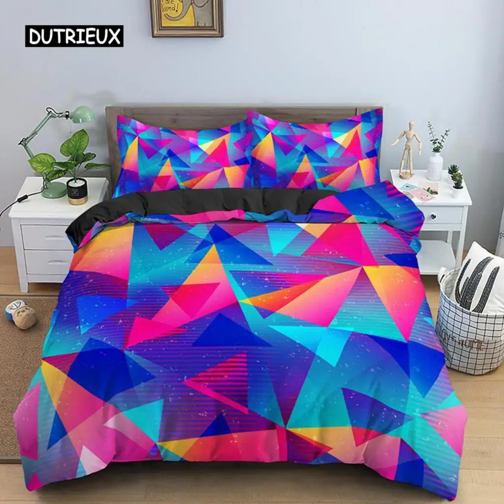 

Geometric Duvet Cover Set Retro Morden Color Neon King Queen Quilt Cover Pillowcase 2/3pcs Psychedelic Polyester Bedding Set