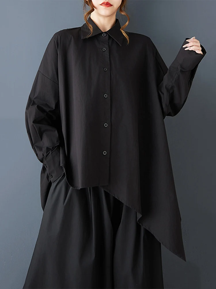 2025 Spring Autumn New Black Vintage Asymmetrical Oversized Shirt Women New Long Sleeve Loose Casual Blouse Top Fashion Clothing