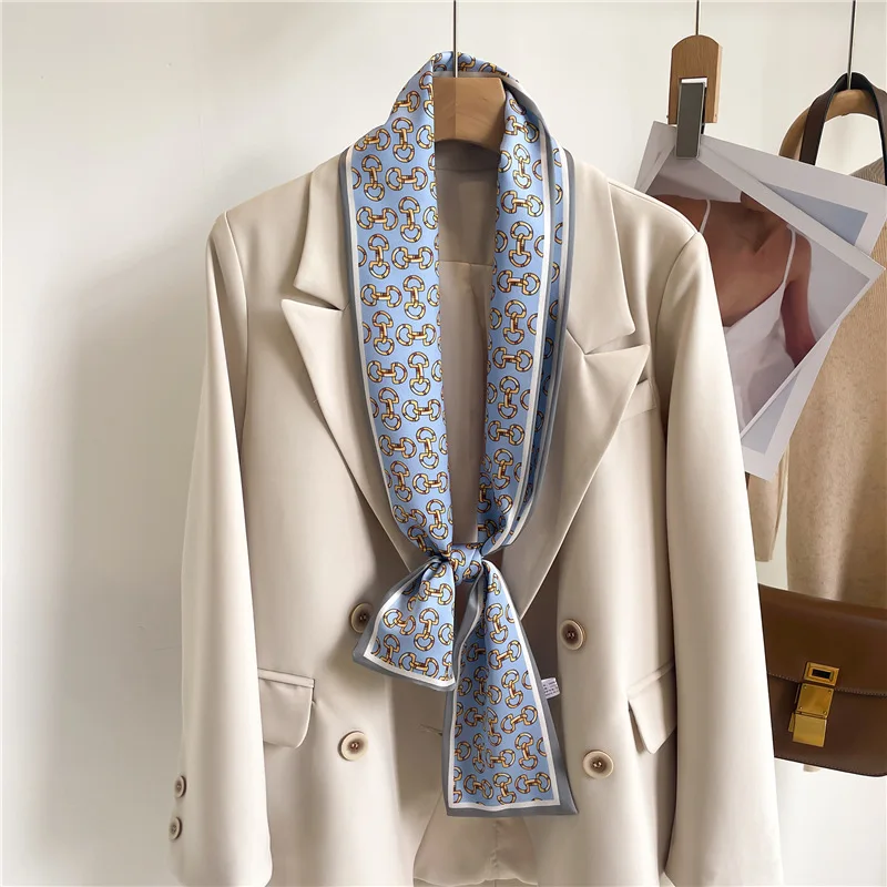 women's silk printed long narrow scarf