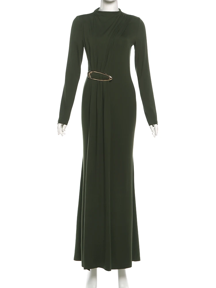 Nibber Metal Trim Long Dresses Woman Ruched Elegant o-Neck Full Sleeve Ribbon Decoration Gown Robe Prom Party Classic Vestidos