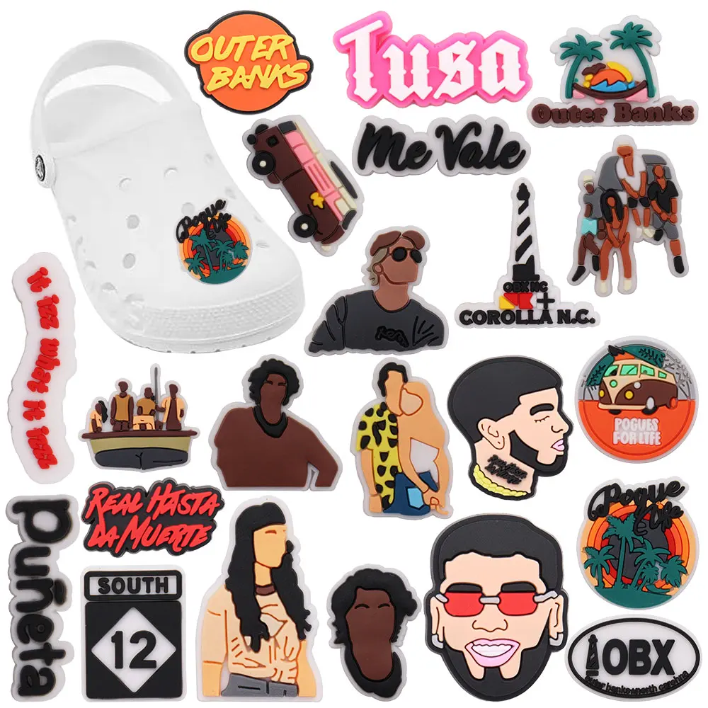 

Mix 50PCS PVC Croc Charms Boat Woman South Tree Man Banks Fit Wristband Hole Slipper Accessories Decorations for Bands Ornaments