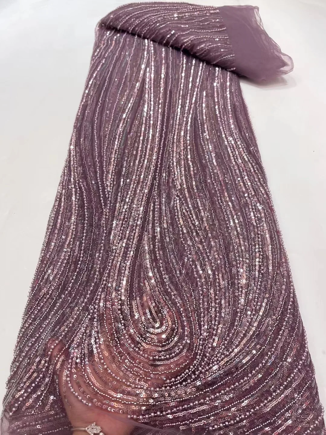 

African Luxury Beaded Tulle Lace Fabric French Heavy Handmade Pearls And Sequins Embroidery Lace Fabric For Woman Wedding Dresse