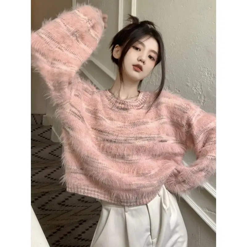 

Pink Striped Sweater Female Spring Wear Lazy Wind Loose Thin Jumper Sweater Top Sweet and Spicy New Sweater Women Y2k Sweater
