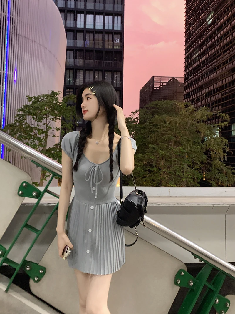 Sexy Knitted Dresses for Women V-neck A-Line Pleated Mini Dress Korean Fashion Solid Autumn Knitting One Piece Vestido Mujer New