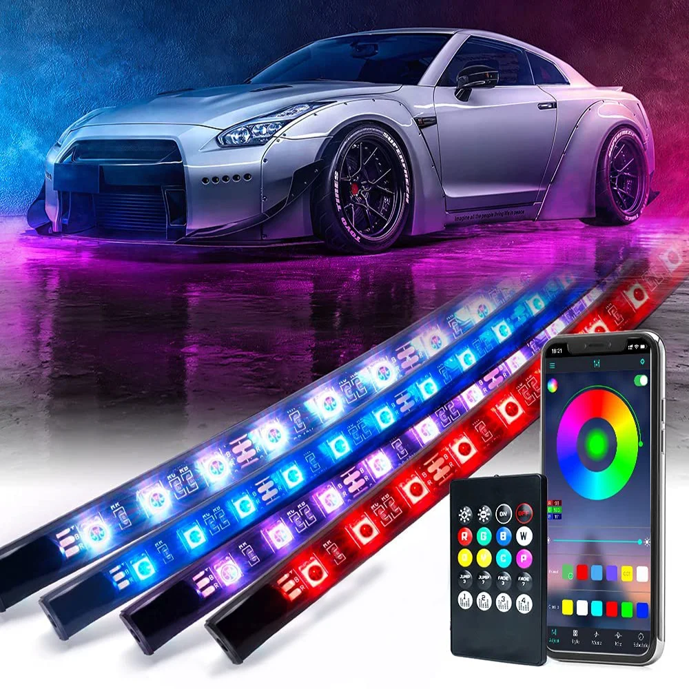 4IN1 Neon LED Strip Car Bottom Underglow Light APP 12V RGB Flexible LED Underbody Light Auto Decorative Ambient Atmosphere Lamp