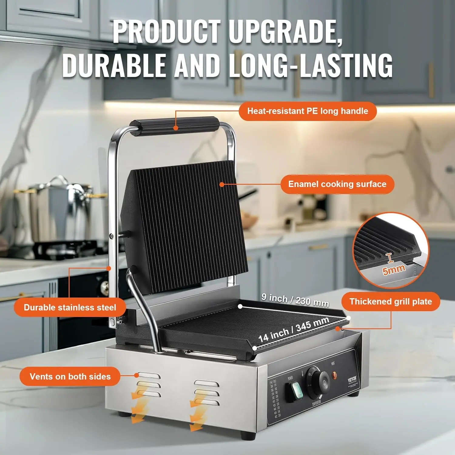 Commercial Grill, 1800W Electric Sandwich Maker, Stainless Steel Sandwich Press, Grill with Temp Cont 3