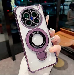 Luxury Plating Airbag Silicone Transparent Shockproof Back Cover with Magnetic Holder and Camera Protection - Vivo X300 Pro (Purple)