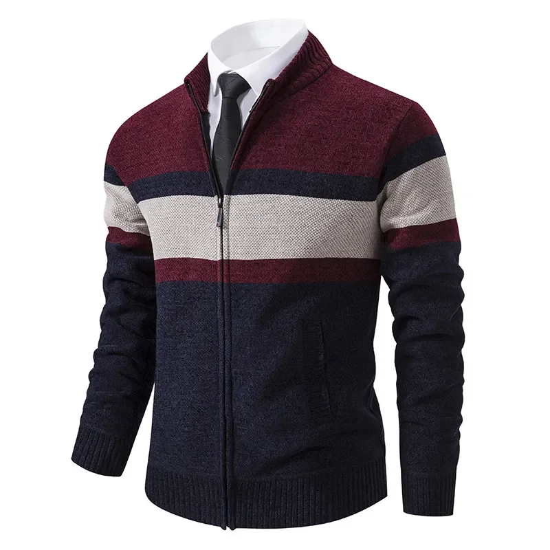 CASUMANL 2025 Elegant Golf Wear Men Sweater Coat Knit Slim Fit Zip Up Warm Striped Mens Designer Clothes