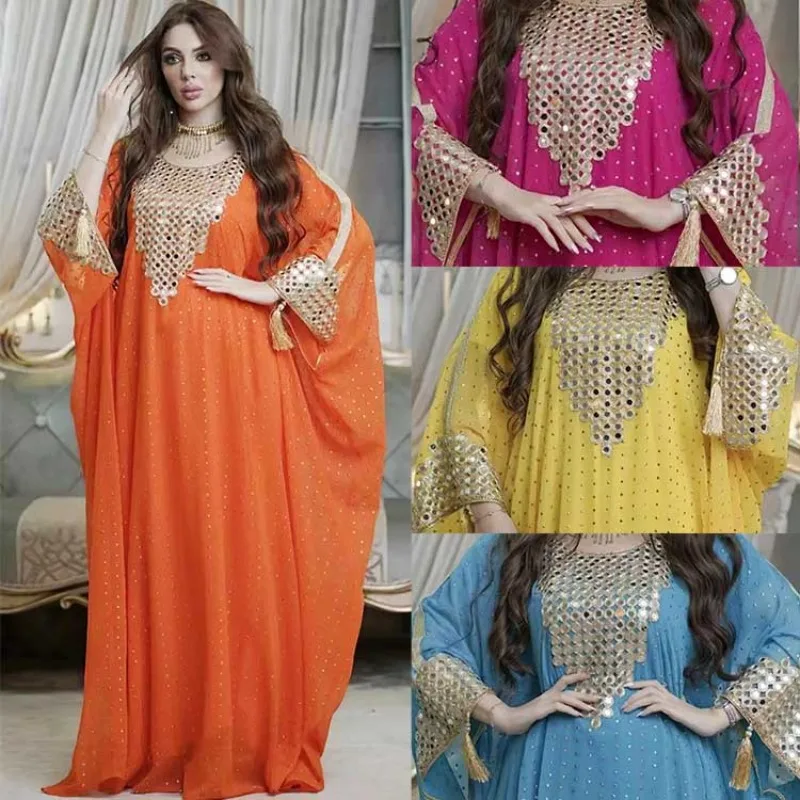 2023 Abaya Dubai Dress for Muslim Women Long Burqa Robe Femme Musulmane Chiffon Drop Plastic Women's Dress for Middle East Dubai