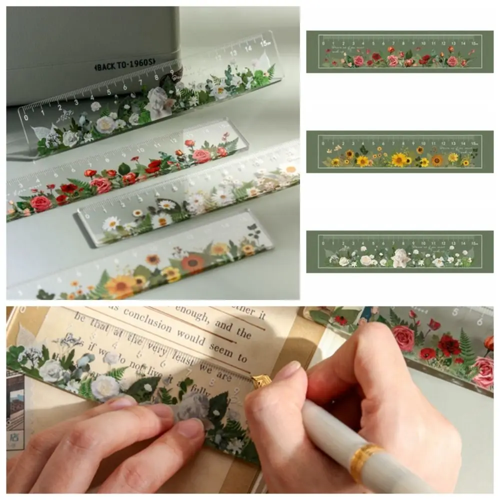 multifunction 15cm straight ruler creative double duty transparent diy drawing tools rose daisy math drawing ruler office 1 PCS 15cm Acrylic Straight Ruler Multifunction DIY Math Drawing Ruler Creative Flower Series Bookmark