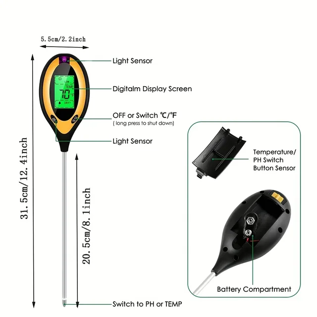 Soil PH Tester 4 in 1 PH Soil PH Detector Light Moisture Fertility pH Temperature Humidity Light Mete Garden for Flowers 6