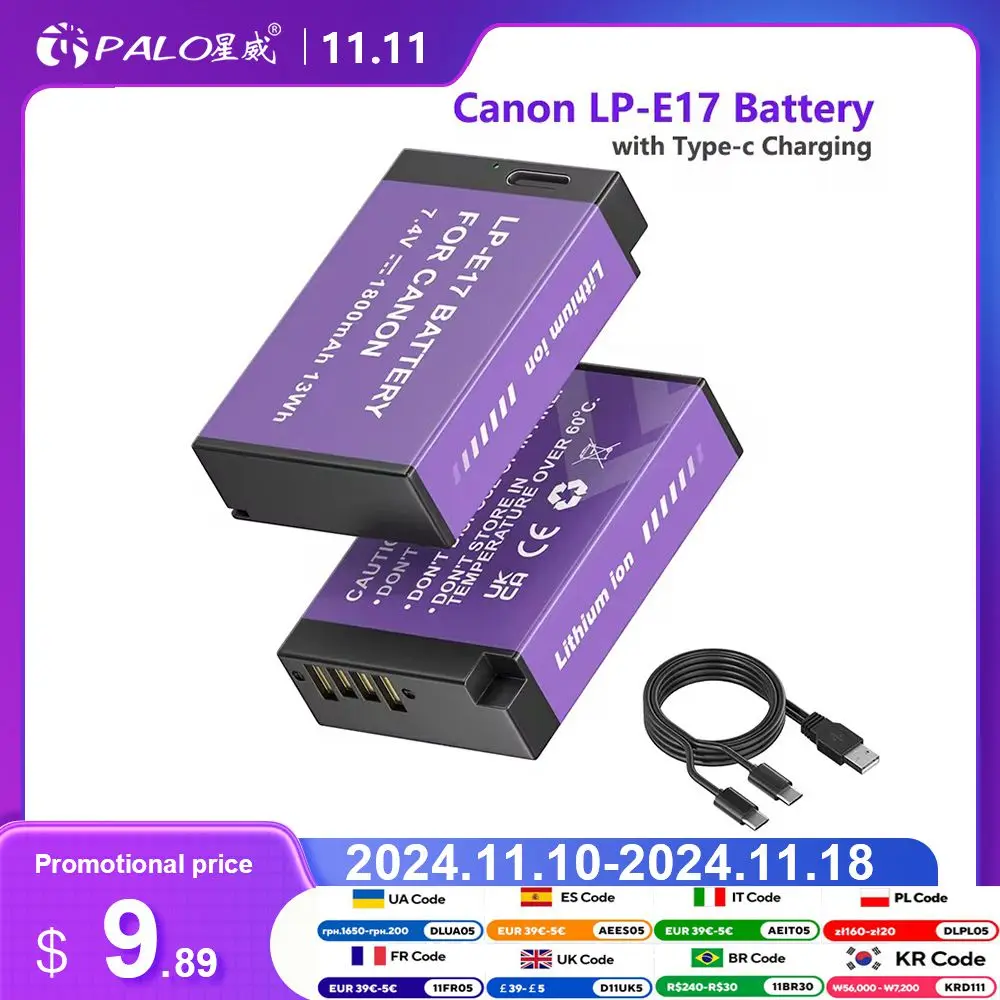 Batteria LP-E17/caricatore rapido per EOS R50 R8 RP R10, Rebel T6i T7i T8i, T6s, SL2 SL3, EOS M3 M5 M6, 77D 200D 750D 760D 800D 8000D  44