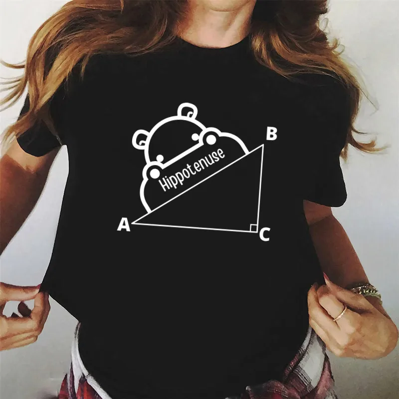 

Women T-shirt Hippo Printing Hypotenuse Math Pun T Shirt Females O-Neck Oversize Top Slim Kawaii Animal Ladies T Shirt