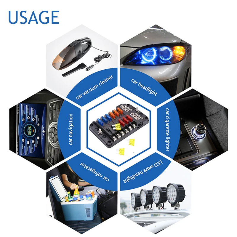 12-32V Car Fuse Box Holder M5 Stud With LED Indicator Light 6/12 Ways Blade Fuse Box Cover for Auto Car Boat Marine Trike