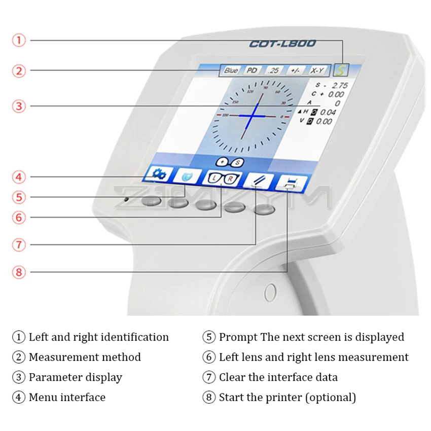 L800 Automatic Lensometer Glasses Equipment Digital Auto Lens Meter Focimeter 5.6 Inch Touch Screen UV PD Printing Function