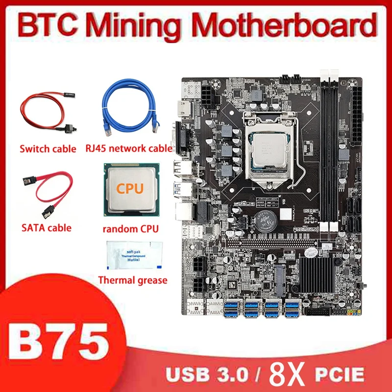 

Комплект материнской платы B75 8xpcie USB3.0 BTC для майнинга + ЦП + термопаста + кабель переключателя + кабель SATA + сетевой кабель RJ45 LGA1155 DDR3