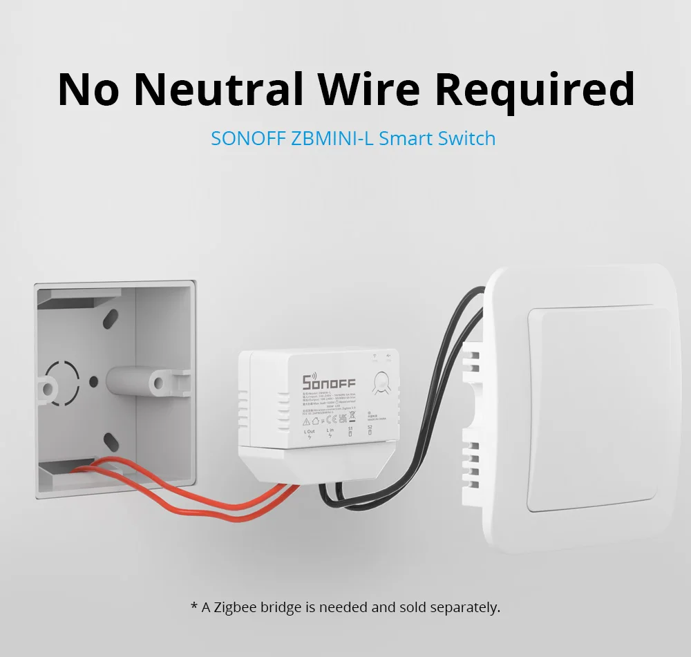 Sonoff ZBMINI-L Zigbee Mini Smart Switch 2 Way Control Wireless Switch No Neutral Wire Required, Support Ewelink APP Alexa Alice