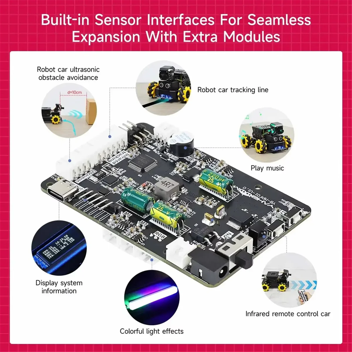 For Raspberry Pi 5 Robot Expansion Drive Board Kit with Sensor Servo Motor Drive Controller Four-Wheel Steering Motor-CKFAM