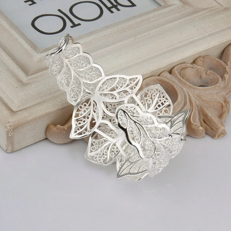 925 Sterling Silver jewelry bangle Hot engagement  exquisite retro charm hollow big women lady flowers openings bracelet - 5
