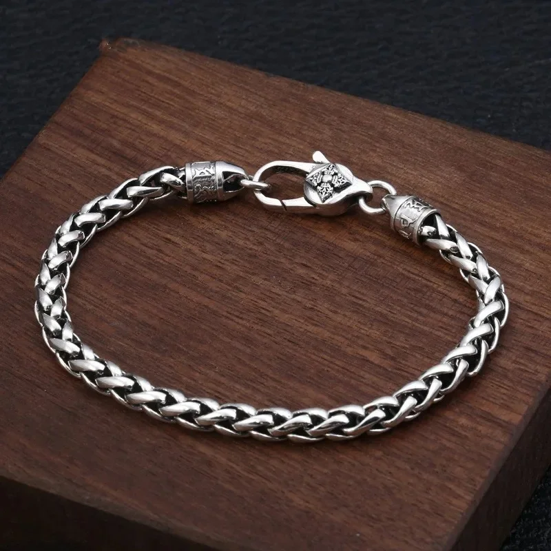 

5MM 100% Pure S925 Silver Fashion Trend Retro Vajra Six-character Mantra Hand-woven Hemp Rope Bracelet for Men and Women