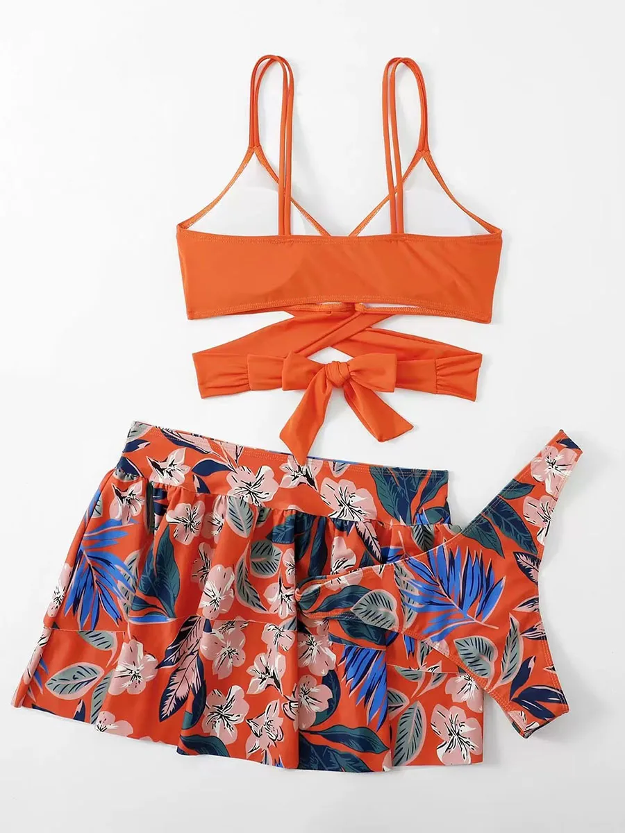 2024 New Swimwear Women Sexy Backless Push Up Swimsuit Print Floral Bikini Three Pieces Skirt-Style Cover Up Beach Bathing Suit