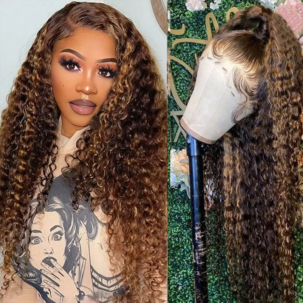 

Highlight Deep Curly Human Hair Wigs HD Transparent 13x4 Ombre Lace Frontal Wig Honey Blonde 13x6 Deep Wave Lace Front Wigs