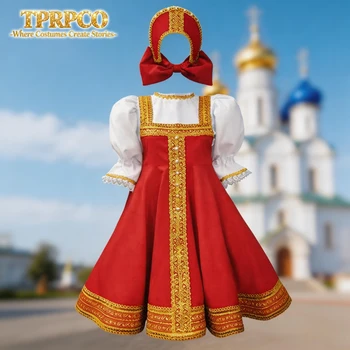 Costume Tradizionale Russo da Ballo, Sarafan Rosso, Abito Folcloristico per Feste Culturali Internazionali, Compleanni, Purim, Natale