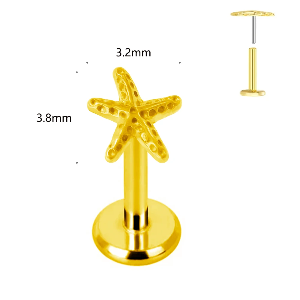 Body Piercing Jewelry ASTM F136 G23 Titanium Labret Piercing Starfish Earring Stud Bee Leaf Push In CZ Threadless Cartilage 16/18/20G