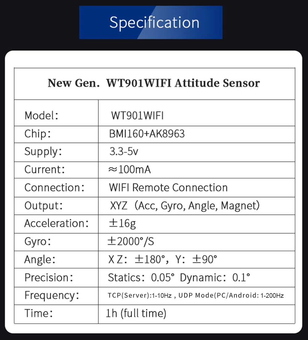 WitMotion WT901WiFi Wireless 9 Axis WiFi Sensor Angle Inclinometer + Accelerometer + Gyro Magnetic Field on PC/Android/Server