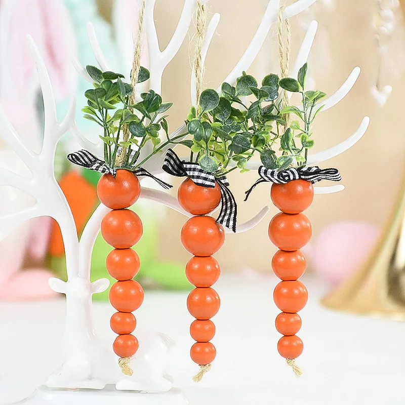 1/3pcs Wooden Carrots Beads String Decoration Easter Wood Pendant Kids Gift Toys Happy Easter Festival Party Home DIY Decoration