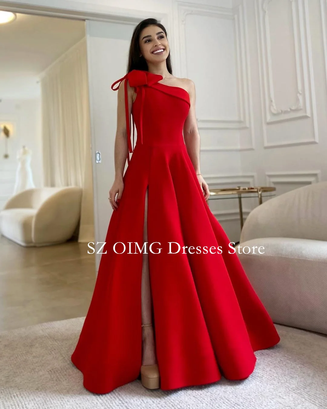 

OIMG Sexy Side Slit Red Prom Dresses One-Shoulder Vintage Arabic Sleeveless A-Line Simple Evening Gowns Formal Party Dress