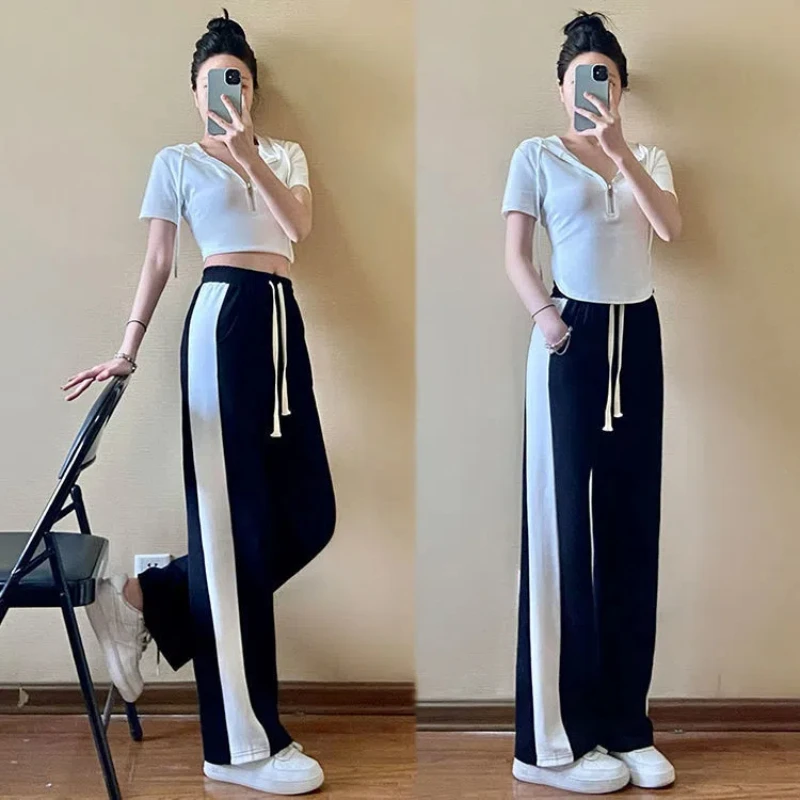 Summer Short Sleeved New Two Piece Sets Women Hooded Zipper Drawstring Top Elastic High Waist Pocket Sports Loose Straight Pants