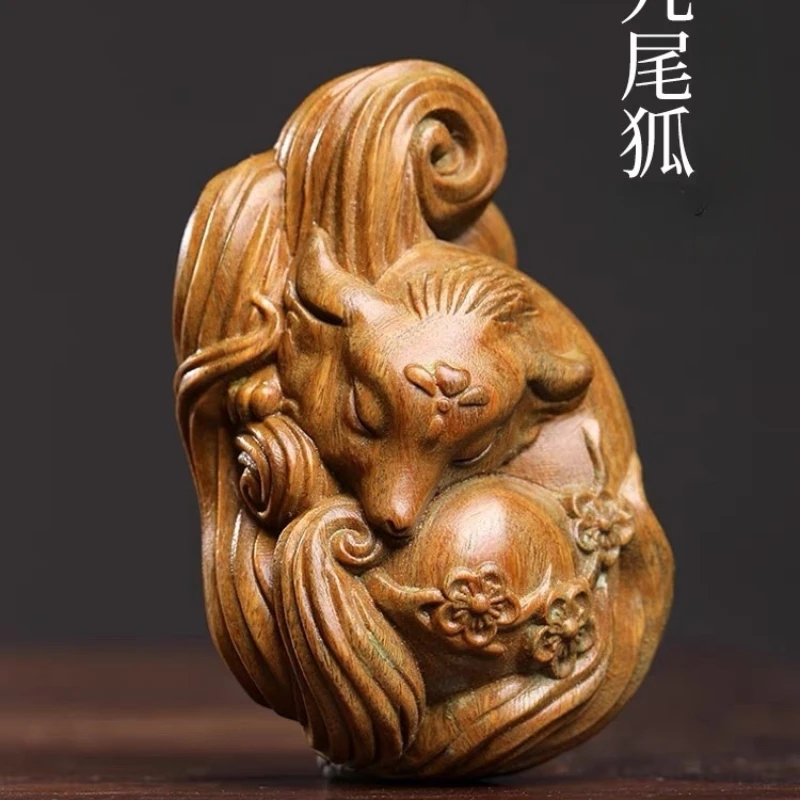 

Natural green wood carving pendant pendant pendant fine nine-tail fox play carving arts and crafts tabletop pendant decor