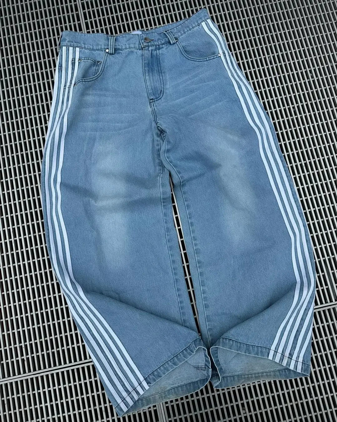 Classic Side Stripe Baggy Jeans Y2k High Waisted Wash Blue