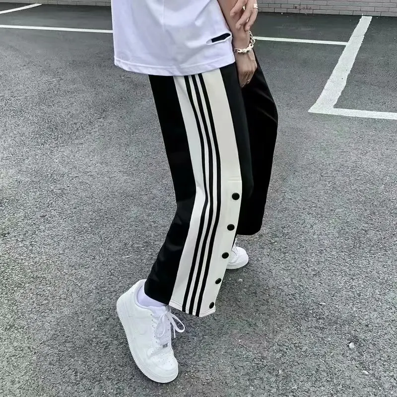 2024 Spring Casual Men Half Breasted Buckle Korean Contrasting Colors Trend Long Pants Motion Large Size Loose Wide Leg Pants