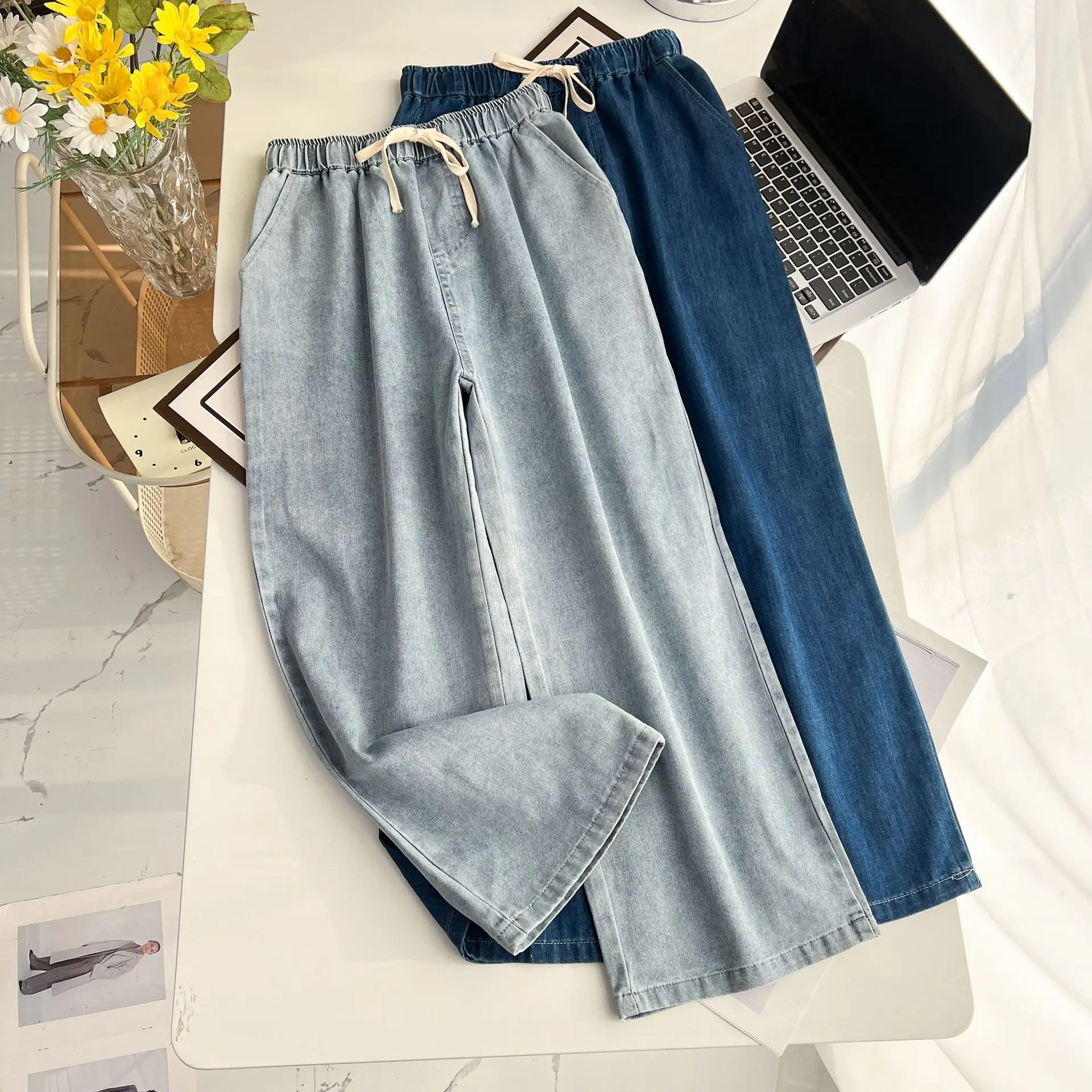 100kg Spring And Autumn Plus Size Women's Casual High Waist Wide Leg Pants Drawstring Elastic Waist Straight Jeans 2400