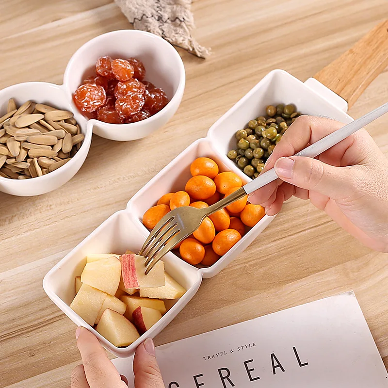 Ins New Nordic Creative Home Ceramic Bowl with Wooden Handle Divided Snack Plate Dried Fruit Plate Candy Placement Plate
