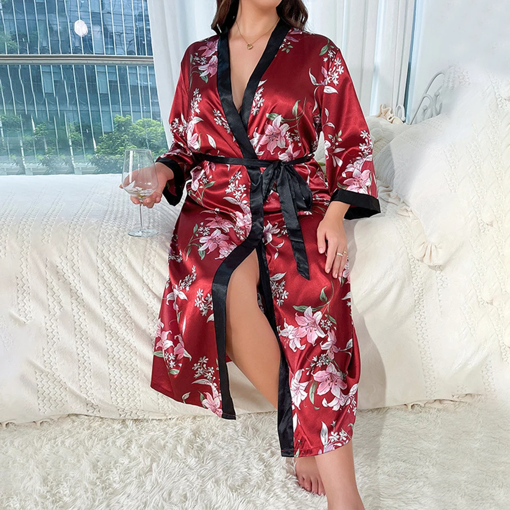 Women's Floral Printed Long Satin Robes Plus Size Full Length Silk Bath Robes 2XL-5XL Big Size Kimonos Sleepwear Dressing Gown