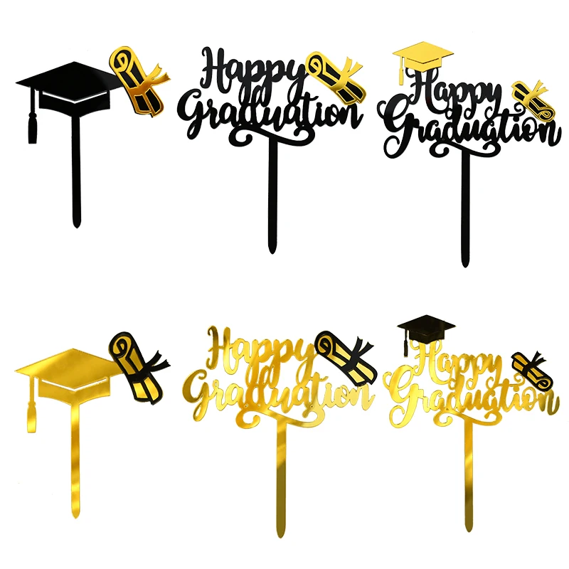 

3/6pcs Gold Happy Graduation Cake Topper Bachelor Cap Acrylic Cupcake Topper Congratulate Graduation Party Decor Class Of 2024