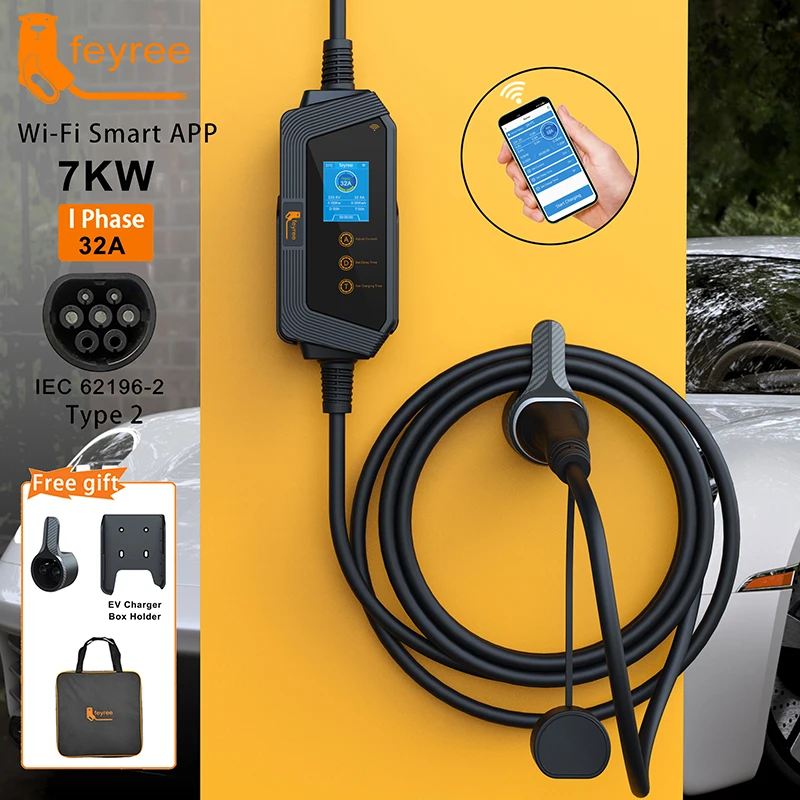 feyree Portable EV charger Type2 32A 7kW Fast Charging for Electric Vehicle APP Wi-Fi Control by Setting Current & Charging time