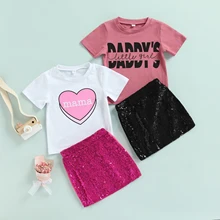 

Little Baby Girls Two-Piece Summer Cotton Outfits Short Sleeve Round Neck Letter Print T-Shirts Shiny Sequins Decoration Skirts