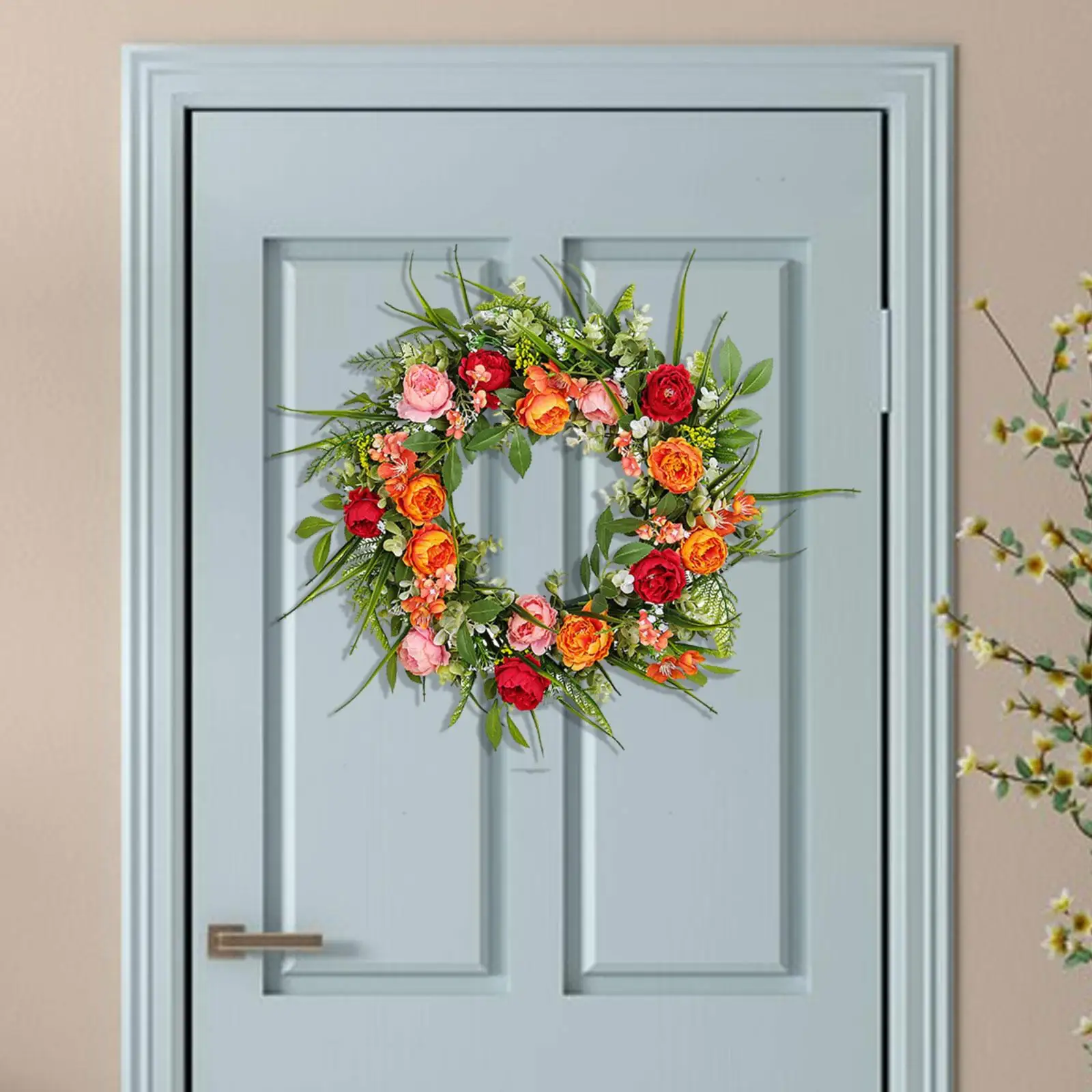 Artificial Peony Flower Door Wreath 45cm Spring Summer Wreath Versatile Realistic for Front Porch Lightweight