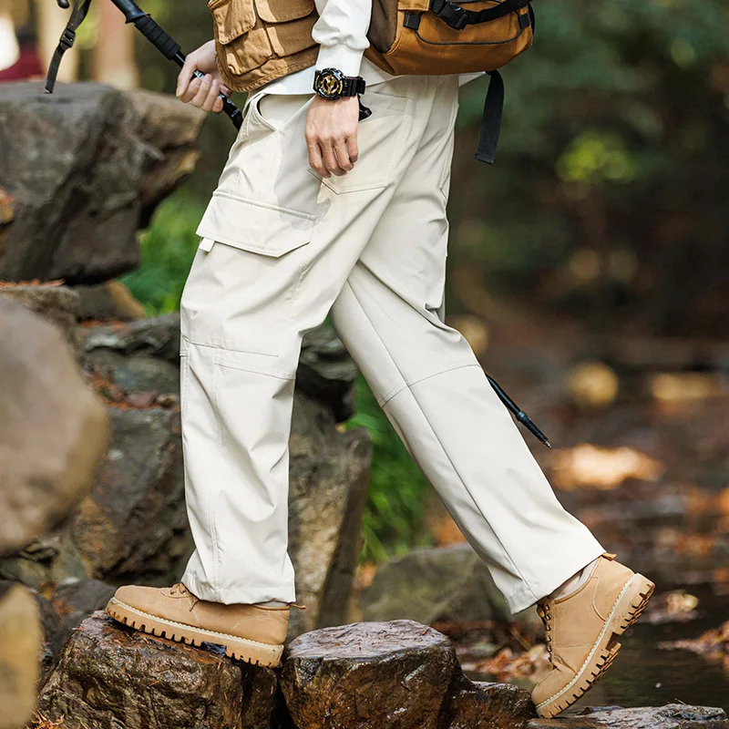 Men's Elastic High Waisted Pockets Solid Casual Bandage Swear Straight Leg Trousers Spring Autumn Black Cargo Vintage Pants