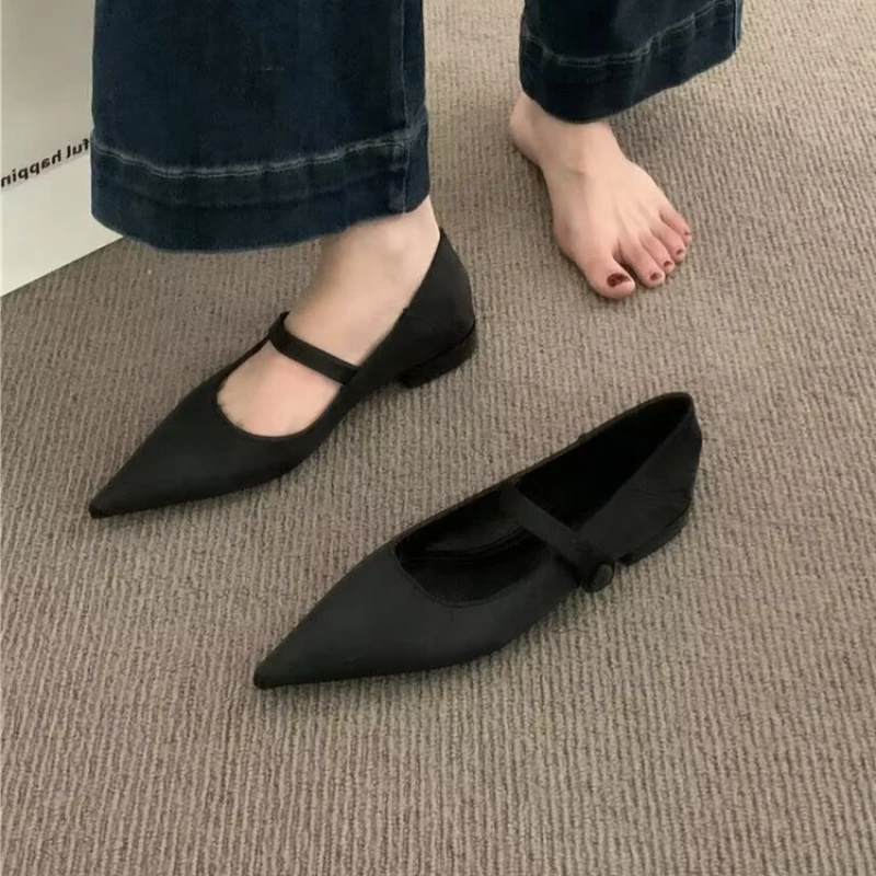 Women Mary Jane Shoes Vintage Pointed Toe Walking Flats Korean