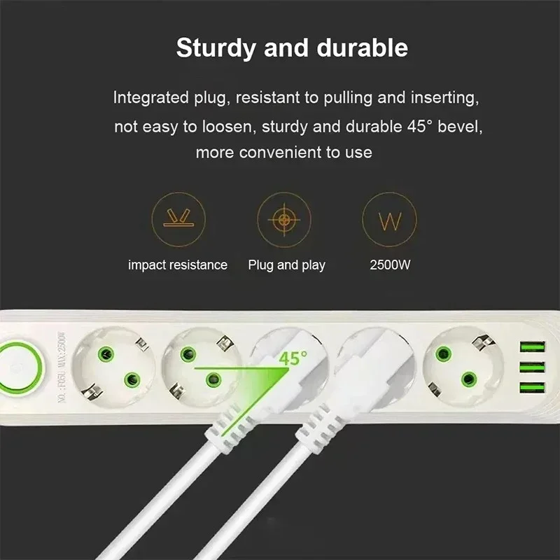 2500W Power Socket Extension Cord AC Type C USB Port Charge 230V Embedded Plug-in Board Home Office