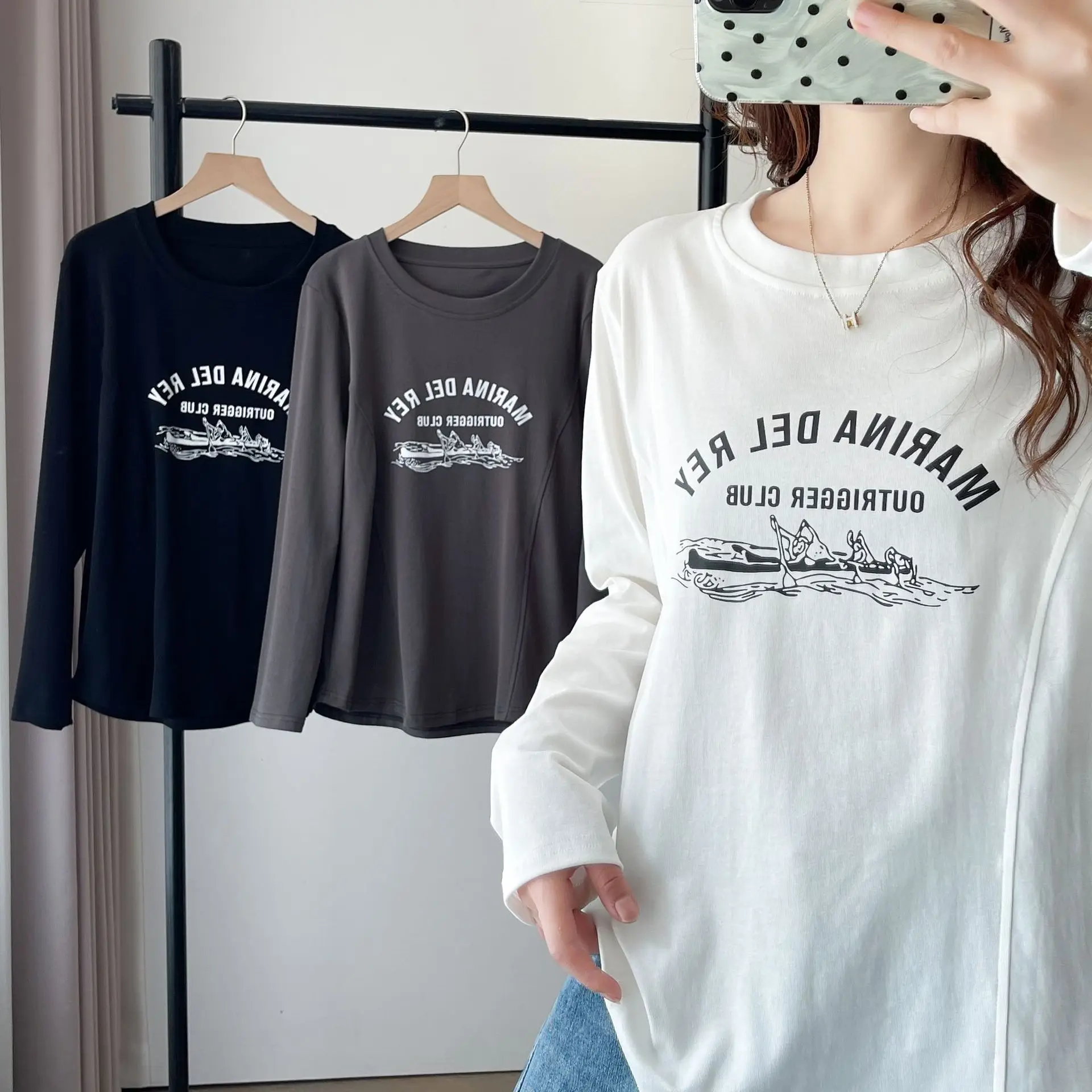 Fashion Plus Size Women's T-Shirt 2025 Autumn New three-dimensional Cut Printed Long Sleeve Combed Cotton Tops 6692